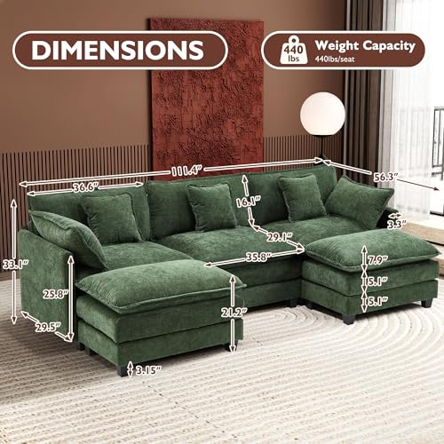 Image of Ihanherry 111.4 inch U Shaped Modern Sofa Modular Sectional Cloud Couch with 2 Ottoman, 5-Seat Chenille Deep Seat Sofa with Pillow for Living Room, Bedroom and Apartment, Green