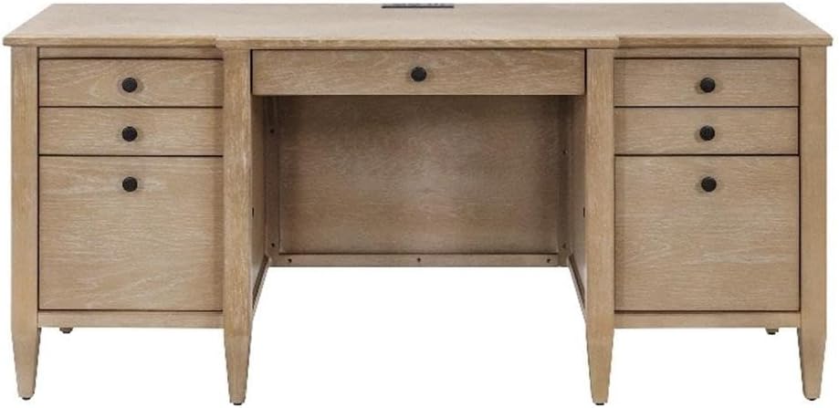 Pemberly Row Wood Credenza Desk, Fully Assembled, Light Oak Finish, Keyboard Drawer, 2 Locking File Drawers, 4 Utility Drawers, Power Center with USB Ports, Antique Hardware, Modern Office Desk for