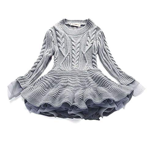 Toddler Girls Solid Color Sweater Dress Child Long Sleeve Cable Knitted Dress Layered Fall Winter Warm Dress (Grey, 4-5 Years)