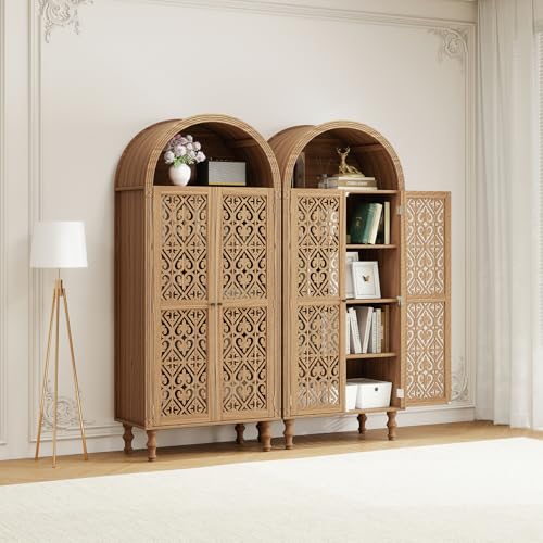 Image of Arched Kitchen Pantry Cabinet,71 inch Tall Mid-Century Modern Arched Bookcase Vintage Storage Cabinet with Geometric Door and Adjustable Shelves,Bohemian Cupboard for Living Room,Kitchen,Set of 2