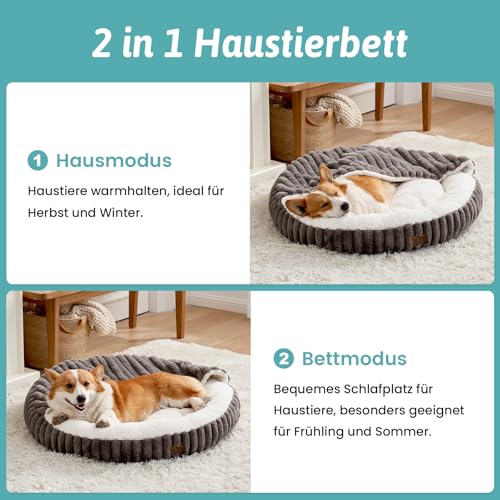 COZY KISS Katzenbett mit Decke 66x66x18cm - Flauschige Große Katzenhöhle - Kissen, Runde mittelgroße Hundebett mit Rutschfester Unterseite, Katzensofa mit Kopfstütze aus Kunstfell, Waschbares, Grau