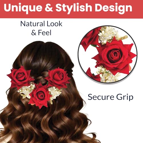 Image of TEMPERIA (1pc) Hair Accessories For Women's & Girls - Stylish Artificial Flowers & Crystal Pearls Bun Juda Bridal Brooch for Hairstyle & Decoration - Pins & Clips for Style of Bride (Red & White)