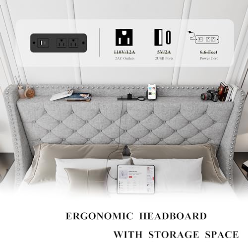 Feonase King Bed Frame with Luxury Wingback Upholstered Button Tufted Storage Headboard, King Platform Bed with Charging Station, Sturdy Wooden Slats Support, Noise-Free, Easy Assembly, Light Gray
