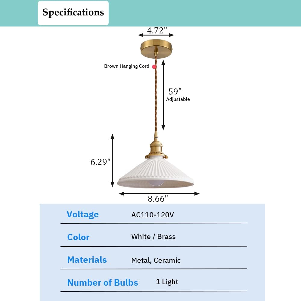 Ceramic Pendant Light Fixture, Cute Hanging Light, Adjustable Pendant Lighting for Kitchen Island Bedroom in White