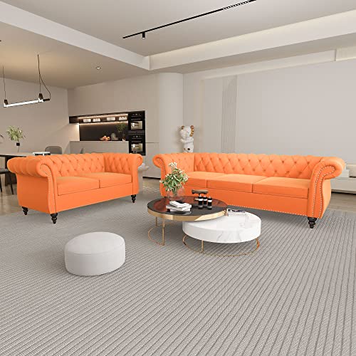 Image of QHITTY 2 Piece Living Room Set, Sectional Chesterfield Sofa Chair Contemporary Upholstered Velvet Loveseat Couch Sets for Living Room, Bedroom, Office