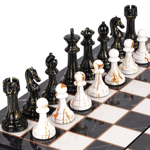 15" Large Chess Set for Adults with Weighted Acrylic Chess Pieces 3.5" King & Portable Folding Marbling Wooden Chess Board Travel Chess Sets Family Board Game Gift – Elegant Classic Chess Game - Image 3