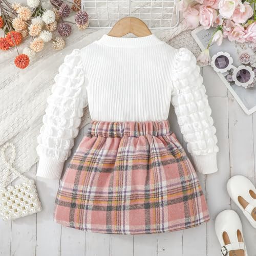 Image of Noubeau Toddler Girls Plaid Outfits Girls Puff Sleeve Knit Ribbed Shirt Tops Plaid Skirt Set Kids Fall Winter Clothes