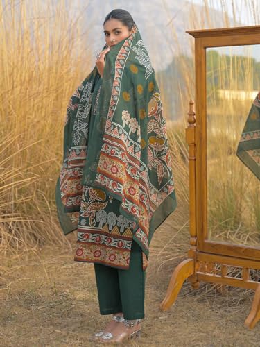Image of INDO ERA Women's Green Pure Cotton Floral Printed Sequinned Kurta & Pant with Dupatta Set