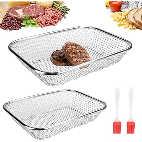 YAANBUNB 2 PCS Cesta para Barbacoa Cesta para Parrilla de Acero Inoxidable Bandeja para Parrilla Antiadherente con 2 Cepillos de Silicona Cover