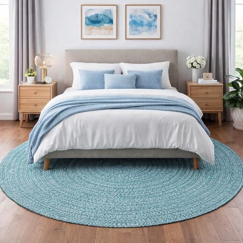 Image of Cotton Round Carpet 3x3 feet - Handmade Braided Boho Rug for Living Room, Bedroom & Balcony - Soft Washable Floor Mat, Color -Light Grey