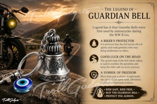 Image of TrollGadgets Premium Guardian Bell Keychain for Bike & Car | Tibetan Texture Bell Keychain with Evil Eye & Silver Hook | Good Luck Charm with Laser-Engraved Box And Potley