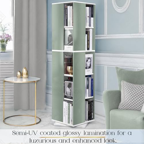 Image of ABOUT SPACE Rotating Book Shelf for Home Library - 5 Tier 360 Book Rack | Semi UV Gloss Laminate DIY Engineered Wood Book Stand with Partition & Bottom Turnplate (Green &White L 38 x B 38 x H 150 cm)