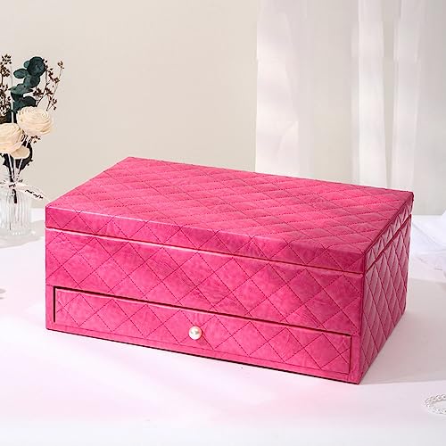 Joyero de piel sintética, elegante organizador con bandejas de cajón y espejo para collares, aretes, anillos y más