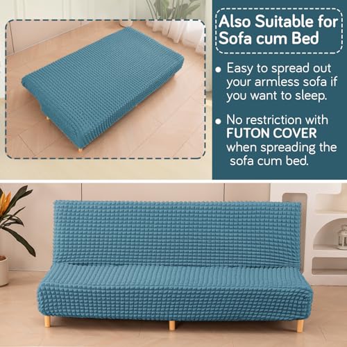 Image of HOKIPO 280 GSM Armless Sofa Cover for Sofa Cum Bed, Stretchable Elastic Futon Slipcover - 'Aria Nova' Medium, Tropical Teal (AR-6702-TL)