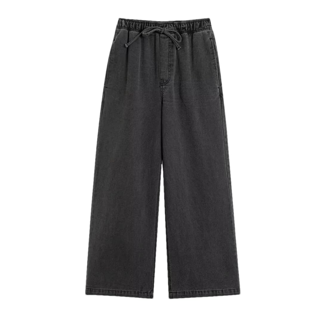 Womens Mid-Length Denim Shirt Set Loose Denim Shirt Elastic Waist Wide-Leg Trousers