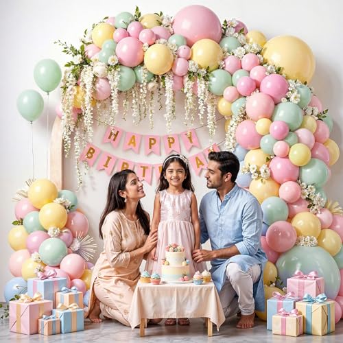 Image of Party Propz Soft Pastel Wisteria Birthday Decoration Kit For Girls -37 Pcs, Happy Birthday Banner, Wisteria Drapes, Pastel Balloons & Arch Roll,Balloon Decoration Kit for Girls (Latex,Cardstock)