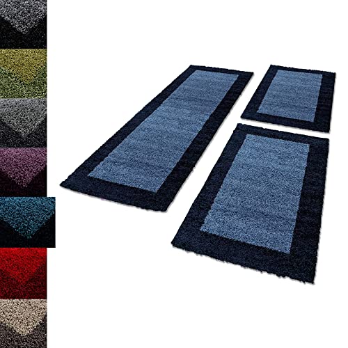Carpettex Bettumrandung Schlafzimmer 3teilig Shaggy Teppich Hochflor Bordüre Muster Marineblau Bettset:2 mal 60x110 + 1 mal 80x150 - Bettvorleger Schlafzimmer Läuferset Langflor Bettumrandung Teppich
