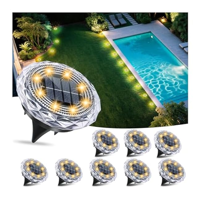 Solar Ground Lights,Solar Disc Light Outdoor Waterproof,Landscape Lighting Garden Lights for Pathway, Yard, Deck, Lawn, Patio, Swimming Pool, Walkway(Warm, 8Pack)