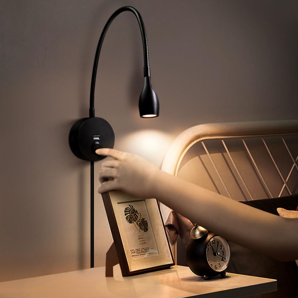 AoLa Lampka do czytania LED z przełącznikiem Kinkiet Elastyczna lampa na gęsiej szyi Obrotowe oświetlenie ścienne 3W z portem ładowania USB Lampka nocna z wtyczką i Lampka do czytania Naścienny