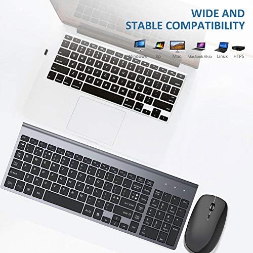 FENIFOX Wireless Keyboard & Mouse,2.4G USB Slim QWERTY UK Compact Quiet Ergonomic,For Computer PC Laptop TV Tablet,Silver White (Black Grey)