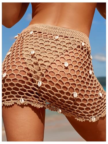 WDIRARA Women's Hollow Out Crochet Beach Cover Up Skirt Drawstring Front Coverups3