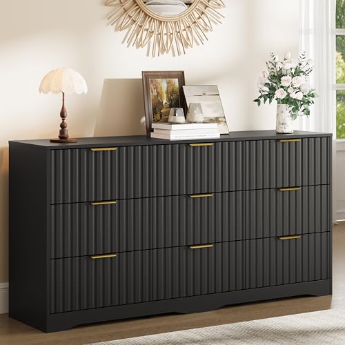 Image of Fluted 9 Drawer Dresser for Bedroom, 63 inch Wide Modern Wooden Chest of Drawers with Metal Handles, TV Stand & Closet Storage Organizer for Living Room,Hallway, Black