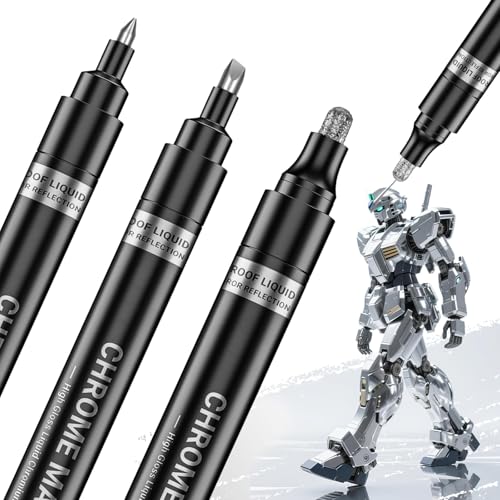 3個 シルバー リキッドミラー クローム マーカー、永久反射ミラー アート ペイントペン、高光沢DIY モデル修理マーカー セット プラスチック、金属、ガラス、木、セラミック、ロックペインティング - 1mm、2mm & 3mm,銀色の商品画像（Amazon）