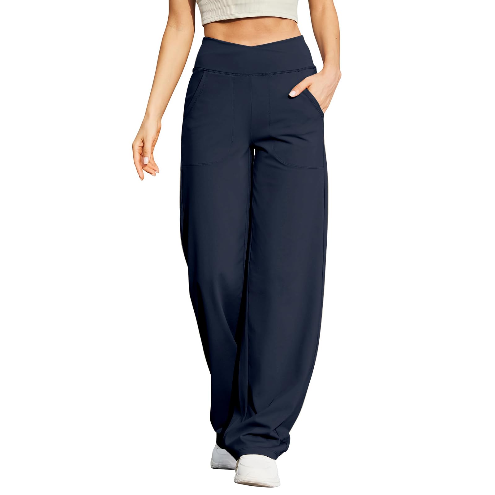Wide Leg Yoga Pants for Women With Pockets - Crossover High Waisted Tummy Control Flare Leggings - Elastic Waist Athletic Stretch Workout Lounge Pants