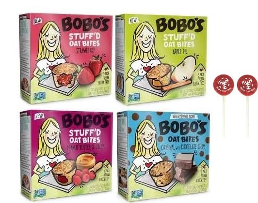 Bobo's Stuff'd Oat Bites, Gluten Free Whole Grain Rolled Oat Snacks Bundle with Strawberry, Apple Pie, Peanut Butter & Jelly, and Original with Chocolate Chips, 1 Box of Each with Make Your Day Lollipops