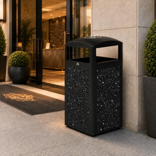 Image of Commercial Outdoor Trash Can with Ashtray and Lockable Lid | Heavy Duty，15 Gallon, Removable Inner Liner, Stone Composite Panels, Black