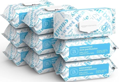 Image of Amazon Elements Baby Wipes, Unscented, Hypoallergenic, Alcohol-Free, With Aloe and Vitamin E, 810 Count, Flip-Top Packs