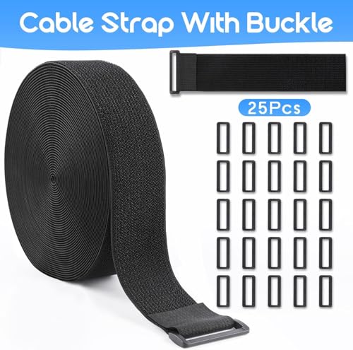 1 pulgada x 32 pies Cinturones de Nylon Resistente con 50 Hebillas, Cortables a Medida, Correas de Gancho y Bucle Negras, Reutilizables para Organización de Cables y Almacenamiento miniatura 3