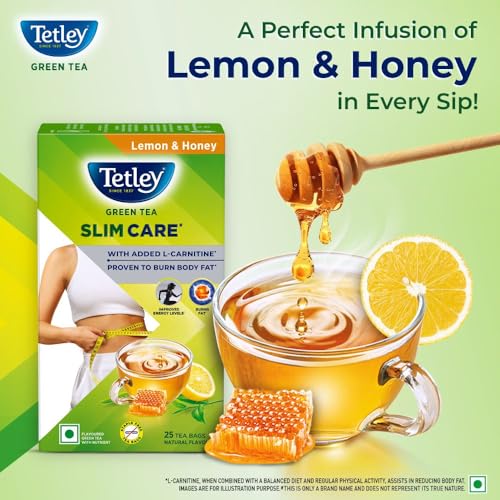 Image of Tetley Green Tea Slim Care, With Added L-Carnitine, Helps Burn Body Fat, Boosts Energy, Low Calories, Delicious Natural Lemon and Honey Flavours, Makes 25 cups (Pack of 3)