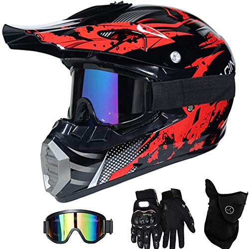 AMITD Motorradhelm Motocross Helm Kinder Rot Schwarz, Full Face Off-Road...