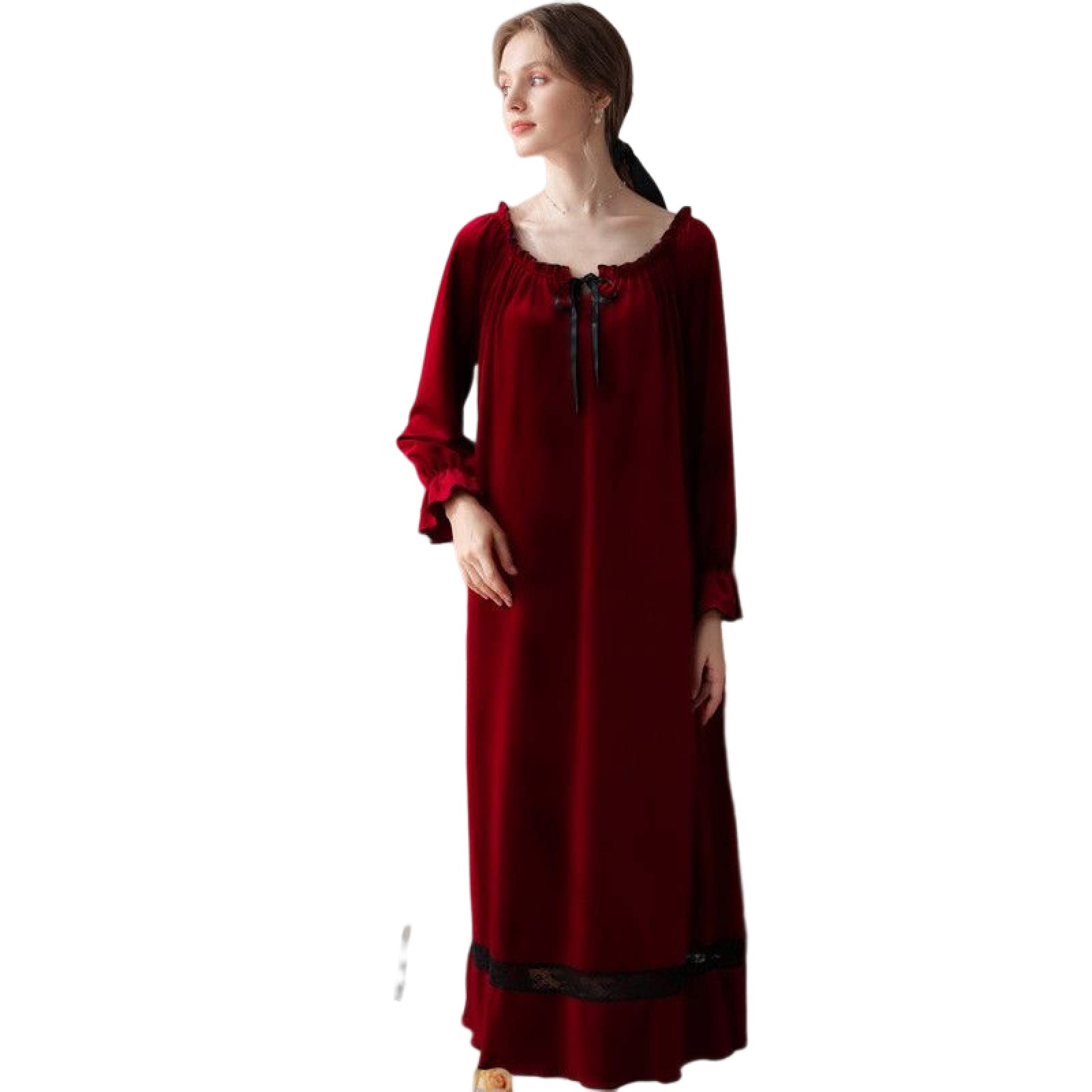 OFFSUM Camicia da Notte Donna - Scollo Quadrato Tinta Unita Camicia da Notte Moda Velluto Pile Elegante Pizzo Pigiameria Vintage Homewear Lingerie Abbigliamento