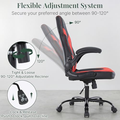 Image of Ergonomic Computer Gaming Chair with Flip-up Armrest, Height Adjustable PU Leather Home Office Desk Chair with Lumbar Support Swivel Wheels and for Adults and Kids, Scarlet Red
