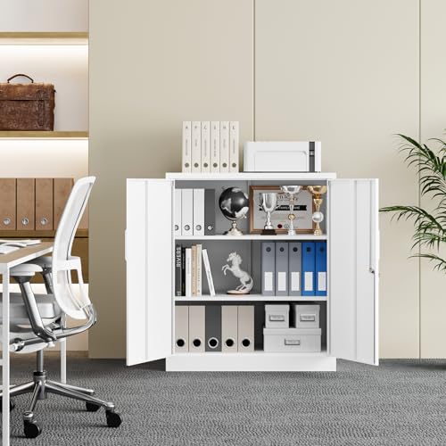 Image of Yizosh Metal Garage Storage Cabinet with 2 Doors and 2 Adjustable Shelves - 35.5 inch Steel Lockable File Cabinet for Home Office,Garage,Gym,School (White)