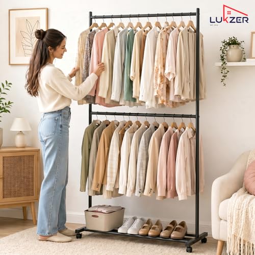 Image of Lukzer Double Rod Garment Rack with Wheels | MGS-006 / Black | Heavy-Duty Metal Clothes Stand Organizer with Bottom Shelf | Rolling Clothing Rack for Bedroom, Laundry & Boutique (183 x 110 x 40 cm)