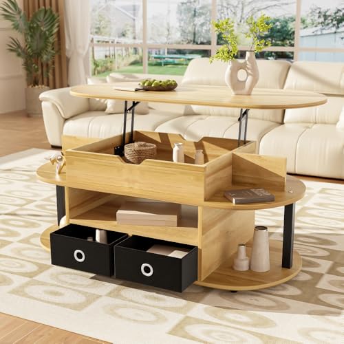 OCACA Mesa de centro moderna de grano de madera con función de elevación, almacenamiento y cajones de tela negra: versátil, elegante y práctica para salón y oficina