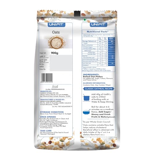 Image of UNIFIT 100% Natural Wholegrain Oats - High Protein & Fiber for Weight Management & Cholesterol Control | 900g of Nutritious Rolled Oats