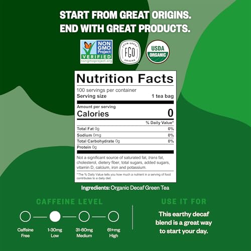 Image of FGO Organic Green Decaf Tea, 100 Count, Eco-Conscious Tea Bags, Resealable Bag, Caffeine Free, Packaging May Vary (Pack of 1)