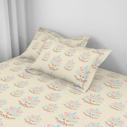 Image of Welspun ENZO Queen Size Fitted Bedsheet with 2 Pillow Covers | 360 Elastic | 100% Pure Cotton | 60 x 78 Inches | Soft, Breathable, Lightweight & Easy Care | Cream