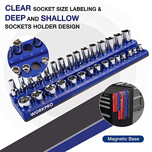 Image of WORKPRO Magnetic Socket Organizer Set, 4-Piece Socket Holder Set Includes 1 /4 inch, 3 /8 inch Drive Metric & SAE Socket Trays, Holds 108 Pieces Standard and Deep Size Sockets (Sockets not Included)