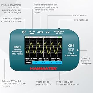 HANMATEK Oscilloscopio Digitale,Mini Oscilloscopio da 2,8"TFT, Larghezza di Banda di 10 MHz, Campionamento ad Alta Precisione di 48 msa/s, Ricaricabile via USB HO11