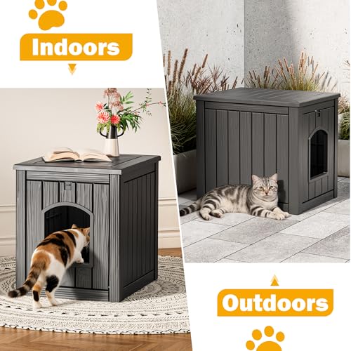 Image of Cat Litter Box Enclosure, Multi-Functional Enclosed Cat Litter Box Furniture, Outdoor Cat House Weatherproof, Openable Front Door & Raised Floor, Easy to Clean & Assemble, Black