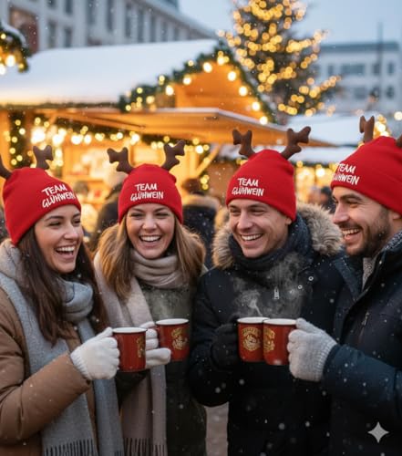 tshirtladen TEAM GLÜHWEIN Wintermütze S/M mit Rentiergeweih – rote Strickhaube bestickt – witzige Weihnachtskopfbedeckung für kleine Köpfe oder engen Sitz