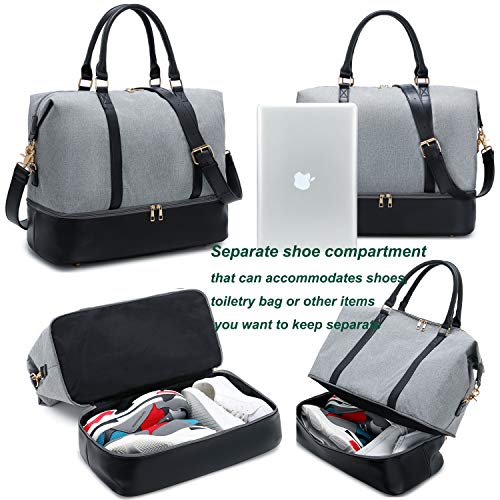 Womens Travel Weekend Bag Canvas Overnight Carry on Shoulder Duffel Beach Tote Bag (Grey with shoe compartment)