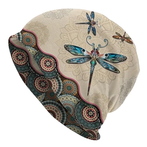 Premium Retro Boho Style Fresh Beanie Dragonfly Print Chemo Hat for Women Summer Spring Lightweight Cap - Comfortable Breathable Beige