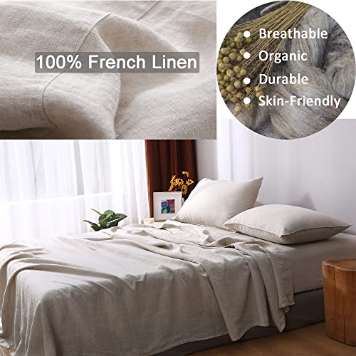 S Victory Symbol 100% French Linen Bed Sheets Queen Size Stone Washed Flax 4Pcs Sheets Set(1 Flat Sheet+1 Fitted Sheet+2 Pillow Cases Breathable And Durable (Queen,Natural Linen) #TOP2