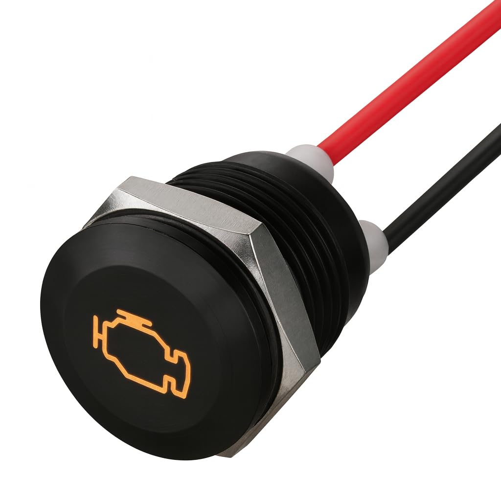 Dun-Bri Black Dbg 12Mm Screw-Fit Led Warning Light | Panel Mount Indicator W/Symbols | 12V-24V Dc | Ip65 Waterproof Signal Lamp For Industrial & Automation Panels (Amber | Check Engine | 12V | Fly Lead)